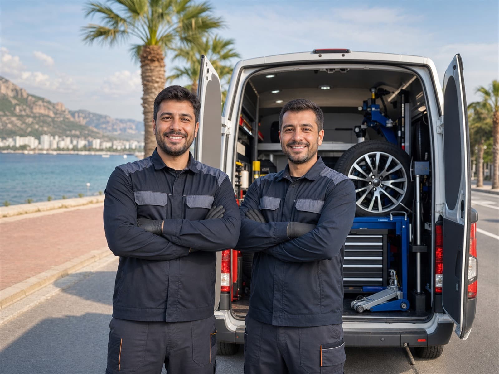Servis aracının önünde poz veren mobil lastik ekibi