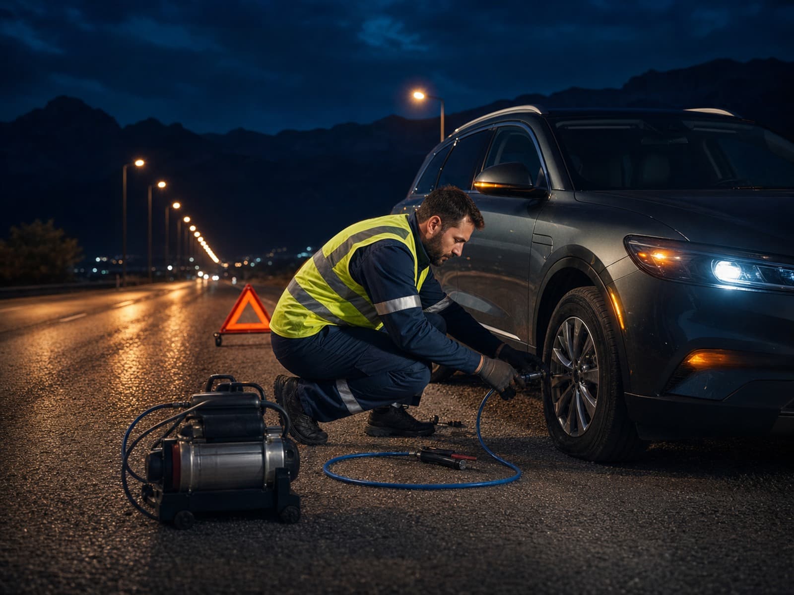 Gece yolda patlak lastiği yerinde tamir eden mobil lastik ustası