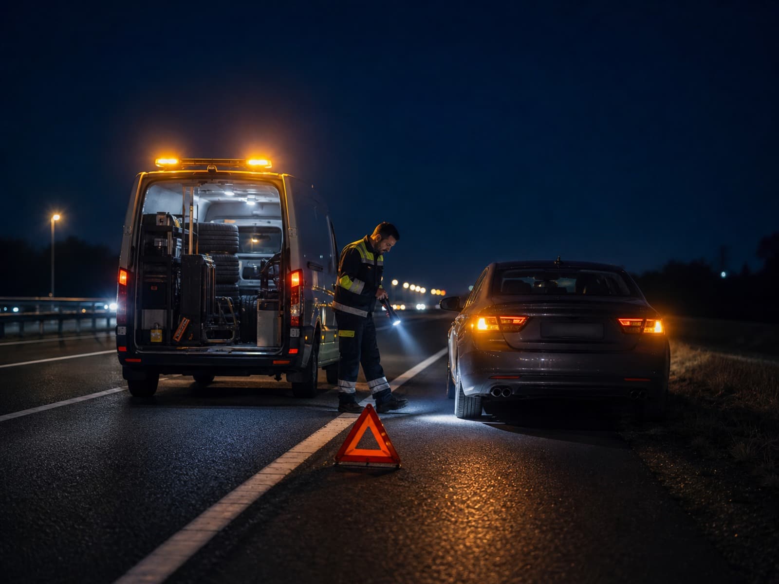 Gece yol kenarındaki araca ulaşan mobil servis aracı